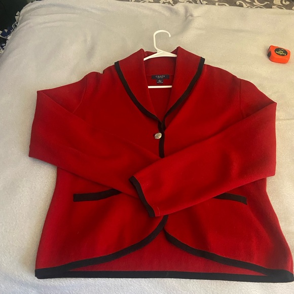 Chaps Sweaters - Chaps Red Knit Cardigan with Black Neck Label